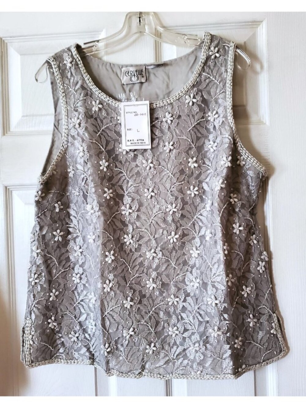 VINTAGE CERVELLE TANK TOP EMBROIDERED BEADED FAUX PEARLS L MADE IN INDIA NWT